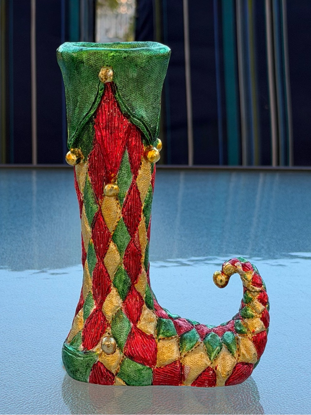Boston Warehouse Christmas Harlequin Gold Balls Elf Shoe Taper Candle Holder, 6”